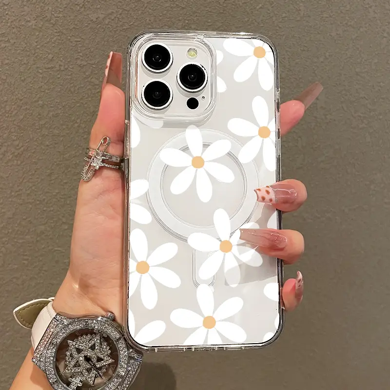 Magnetic Soft Smartphone Case for iPhone 11/12/13/14/15/16 & ProMax - Chic Daisy Pattern, MagSafe Compatible, Lightweight, Anti-Scratch Handheld Cellphone Protection for Devices, Casing, Accessories