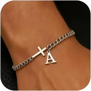 Cross Cuban Chain Bracelets for Men Initial A - Z Faith Cross Bracelets, Stainless Steel Fashion Initial Charm Chain Bracelet Religious Jewelry Gift for Men