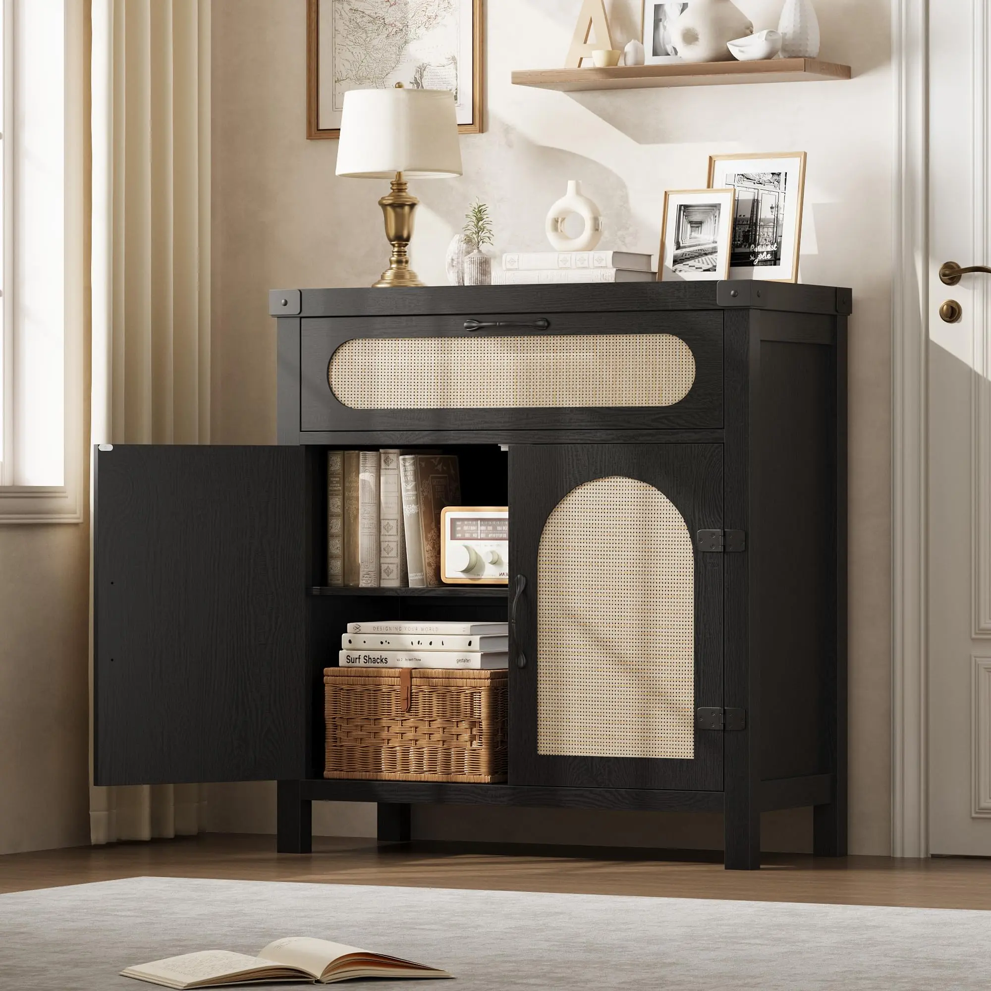 29.9 in Small Rattan Buffet Cabinet with Storage, Kitchen Coffee Bar Cabinet with Doors and Drawer, Boho Farmhouse Sideboard with Adjustable Shelves and Handle for Living Room, Black