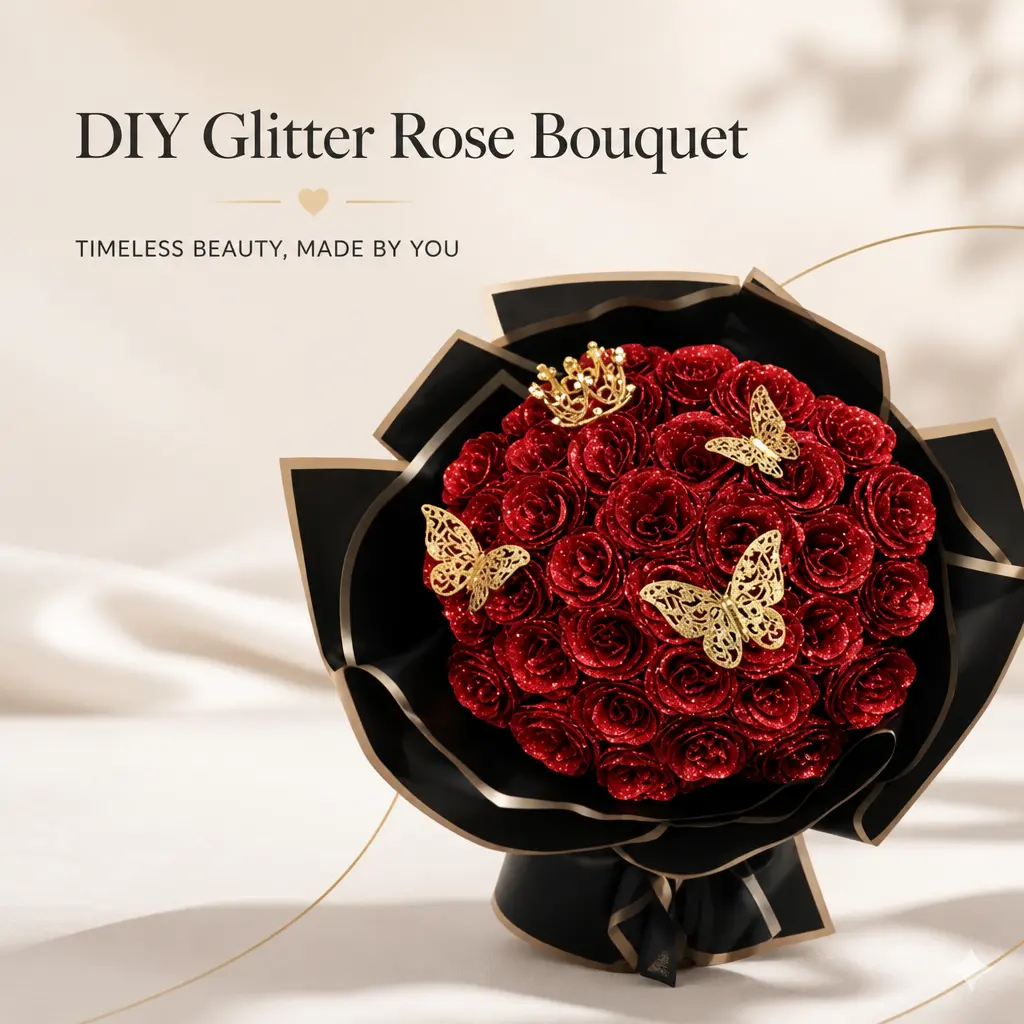 DIY Glitter Roses Bouquet, DIY Fake Glitter Flowers Bouquet, Shiny Artificial Roses Bouquet, Ornaments, Glitter Roses Everlasting Shiny Artificial Red/Pink/Black/Blue/Purple Rose Bouquet, Anniversary, Engagement, Wedding,Gifts for Women, 24/36 Roses