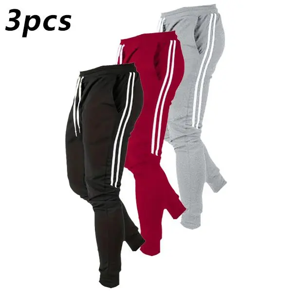 3 Pack Men's Winter Fleece Lined Warm Casual Pants, Two Bars Thickened Cold Resistant Trousers, Striped Jogger Sweatpants Suitable For Daily Wear