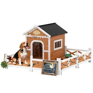 PawHut Outdoor Dog House, Wooden Dog Shlter with Large Porch, Weatherproof & Openable Roof, Elevated Base, Removable Floor