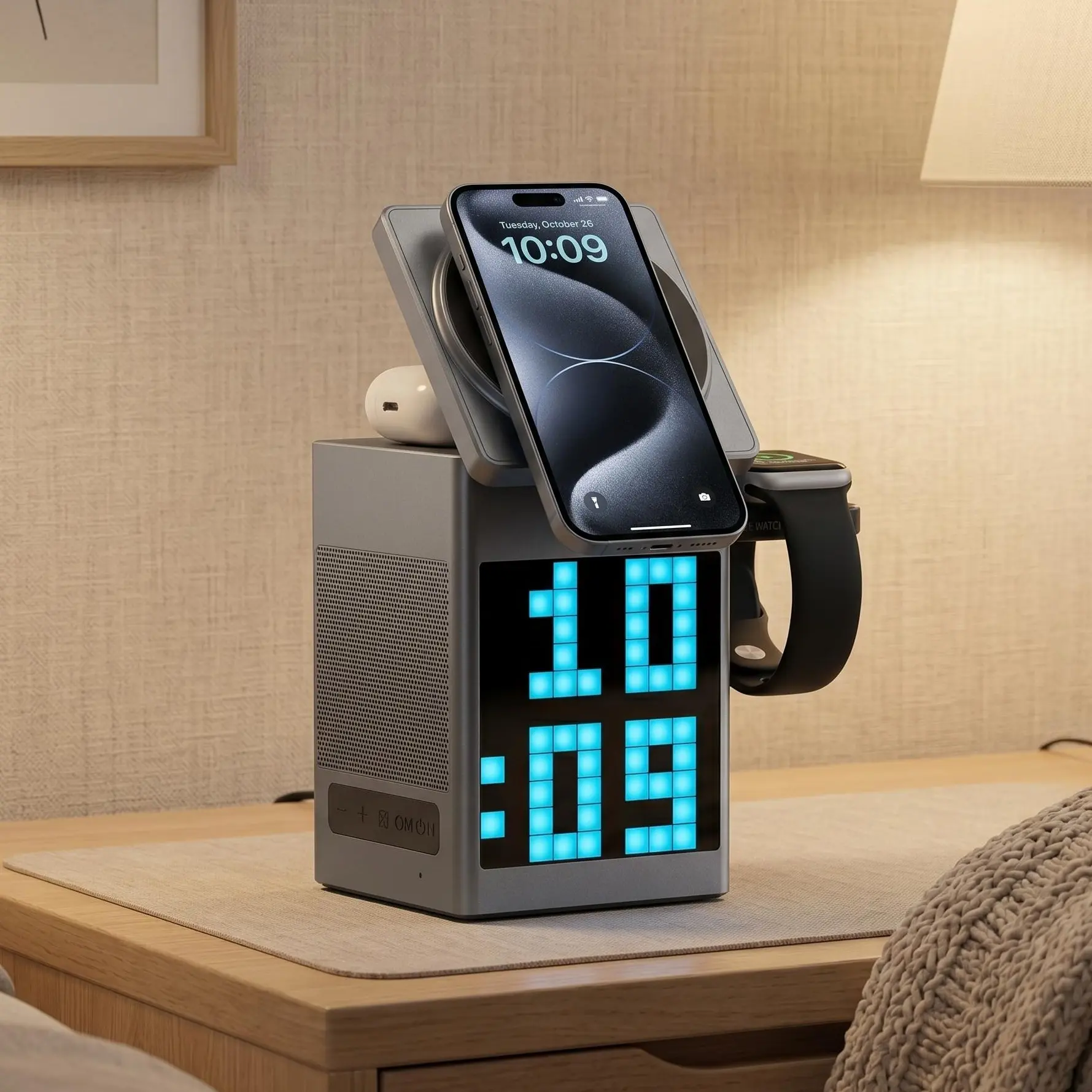 6-in-1 Magnetic Wireless Charging Station with RGB Pixel Alarm Clock, Built-in Premium Speaker, 15W Fast Charging, 360° Phone Stand, Aluminum Alloy Design, Multifunctional Nightstand Gadget for Home, Office & Gaming Room#SummerWins#BackToSchoolDeal