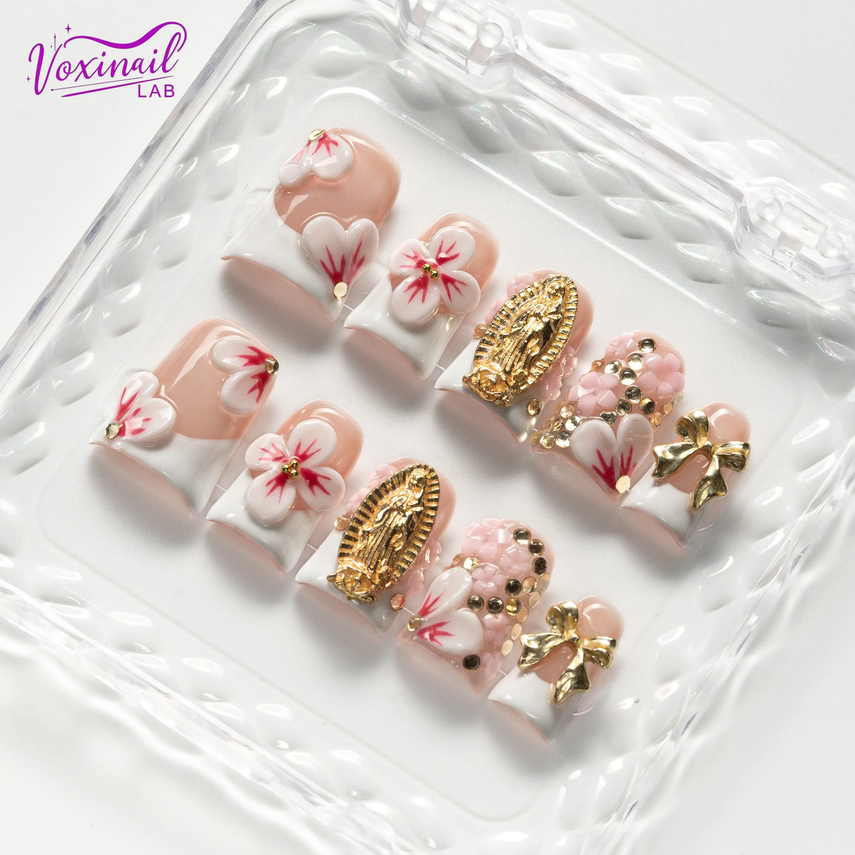 Voxinail Lab | GOLDEN PRAYER | Handmade Gold Duck-Style Square Press-On Nails | Acrylic, Reusable, Long-Lasting