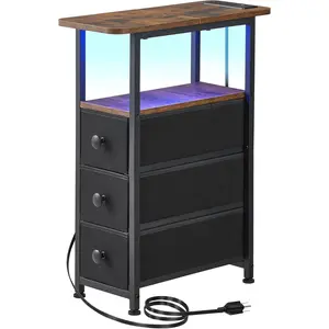 Narrow End Table with  Station, Narrow Side Table with Drawer, Small Nightstand with LED Light, Skinny Nightstand, Small Bedside Table for Living Room, Bedroom, Couch, Rustic Brown