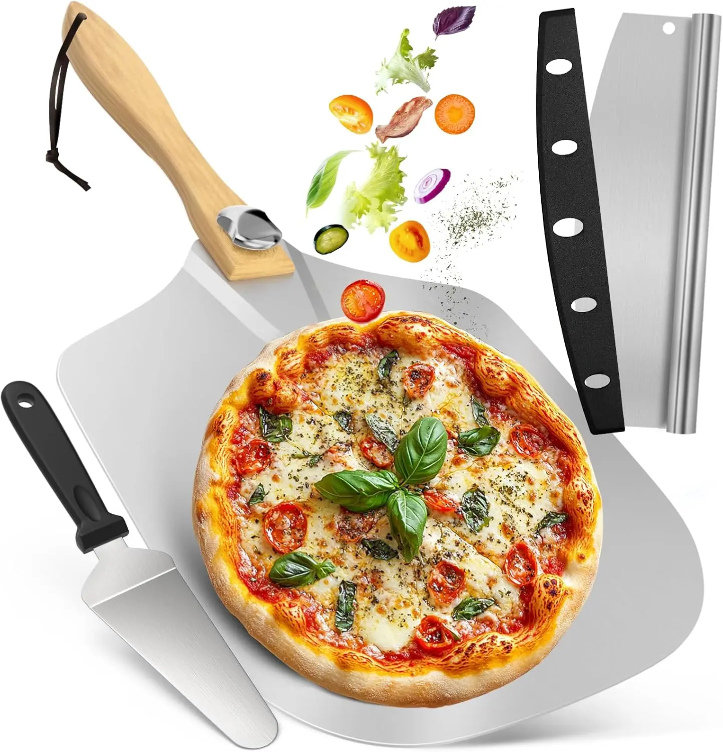 Aluminum Pizza Peel Set, 12 x 14 Inch Metal Pizza Paddle with Foldable Wooden Handle, Pizza Spatula, Pizza Rocker Cutter, Pizza Oven Accessories