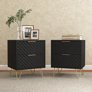 Nightstand Set of 2,Side Table with 2 Rhombus-Shaped Decorated Drawers, End Table with Gold Legs and Handles, Wood Accent Table with Storage for Bedroom, White, 2 Pack