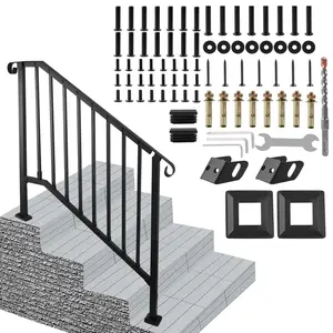 Black Wrought Iron Outdoor Stair Railing for 3-4 Steps, Transition Handrail with Installation Kit for Concrete or Wood Stairs