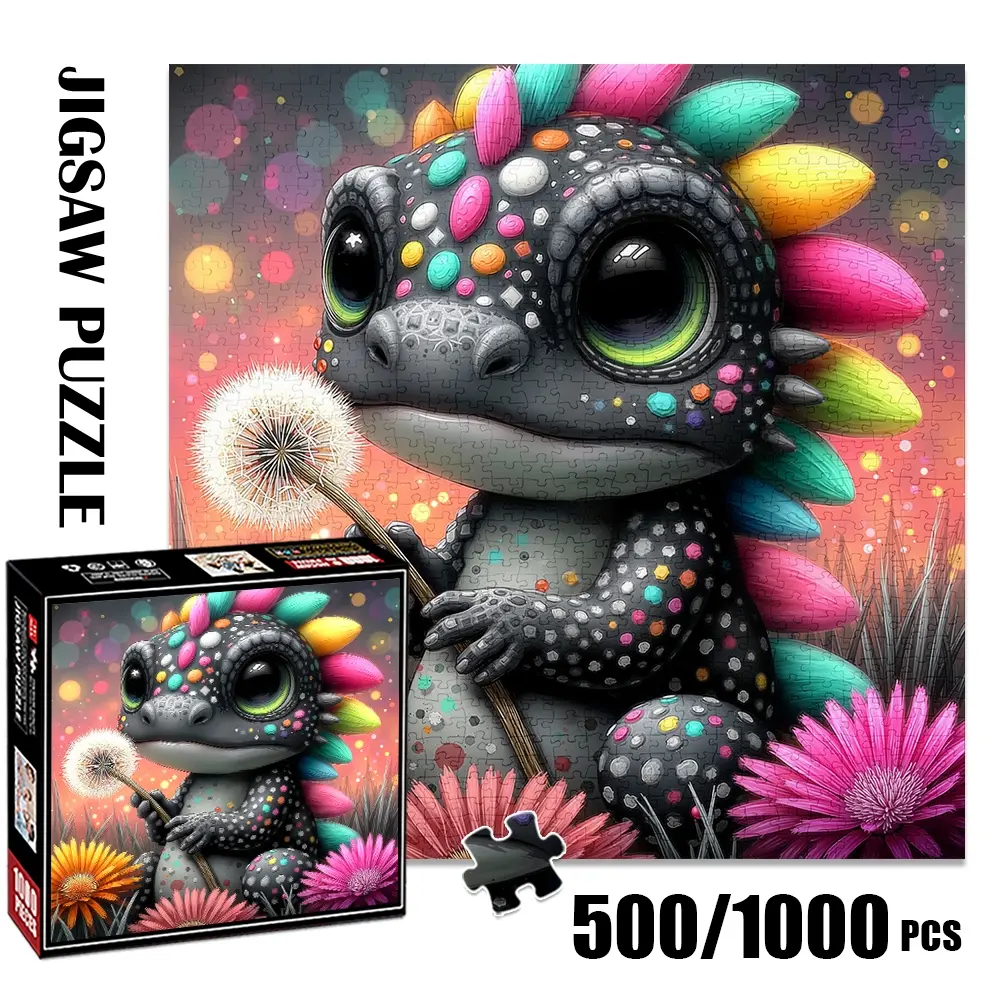 1pc 1000 piece adult puzzle 58x58cm Cute Dinosaur with Colorful Spikes Holding Dandelion 500 pieces of paper puzzle, suitable for adults and families, large-scale DIY puzzle interactive toy games,