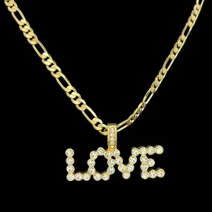 MaxBling81 Women's Hip Hop Inspired LOVE Letter CZ Pendant Necklace, 14K Stamped 5mm Long Figaro Chain (20" or 24") Fashion Costume Jewelry