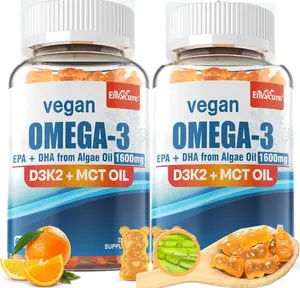 Vegan Omega 3 Gummies 1280mg + Vitamin D3 K2 (MK7), Omega 3 Fish Oil Alternative for Adults, w/Algae EPA 600mg & DHA 400mg, MCT Oil - No Fish Taste - for Brain, Eye, Immune Health, Sugar Free, 2 Pack