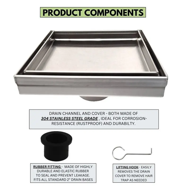 SereneDrains 5 Inch Square Tile-in Drain, Tile Floor Drain Stainless Steel, Best Drainage and Easy Installation