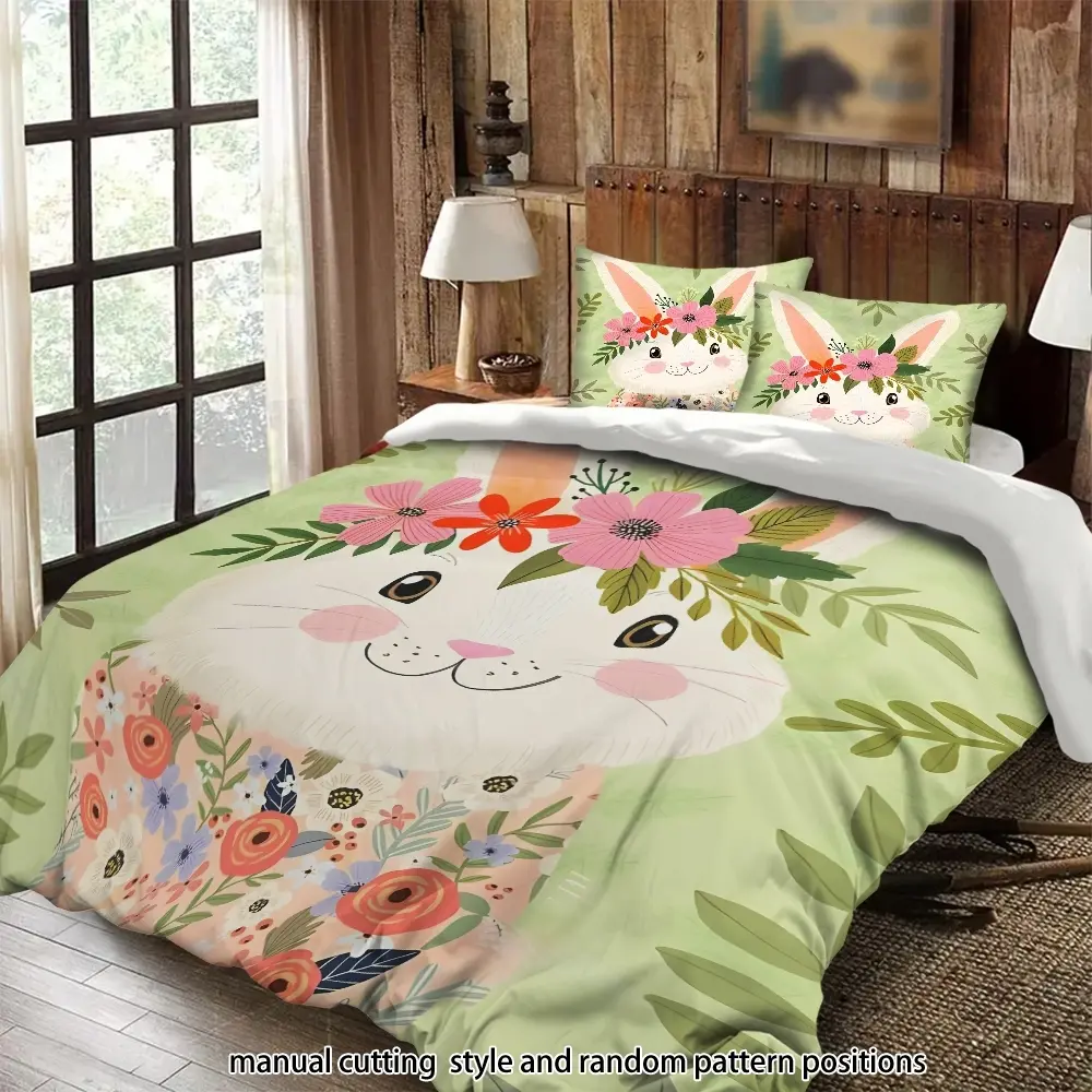 Hand-painted rabbit headdress, flower wreath, and floral dress 3-piece bedding set, suitable as a gift.
