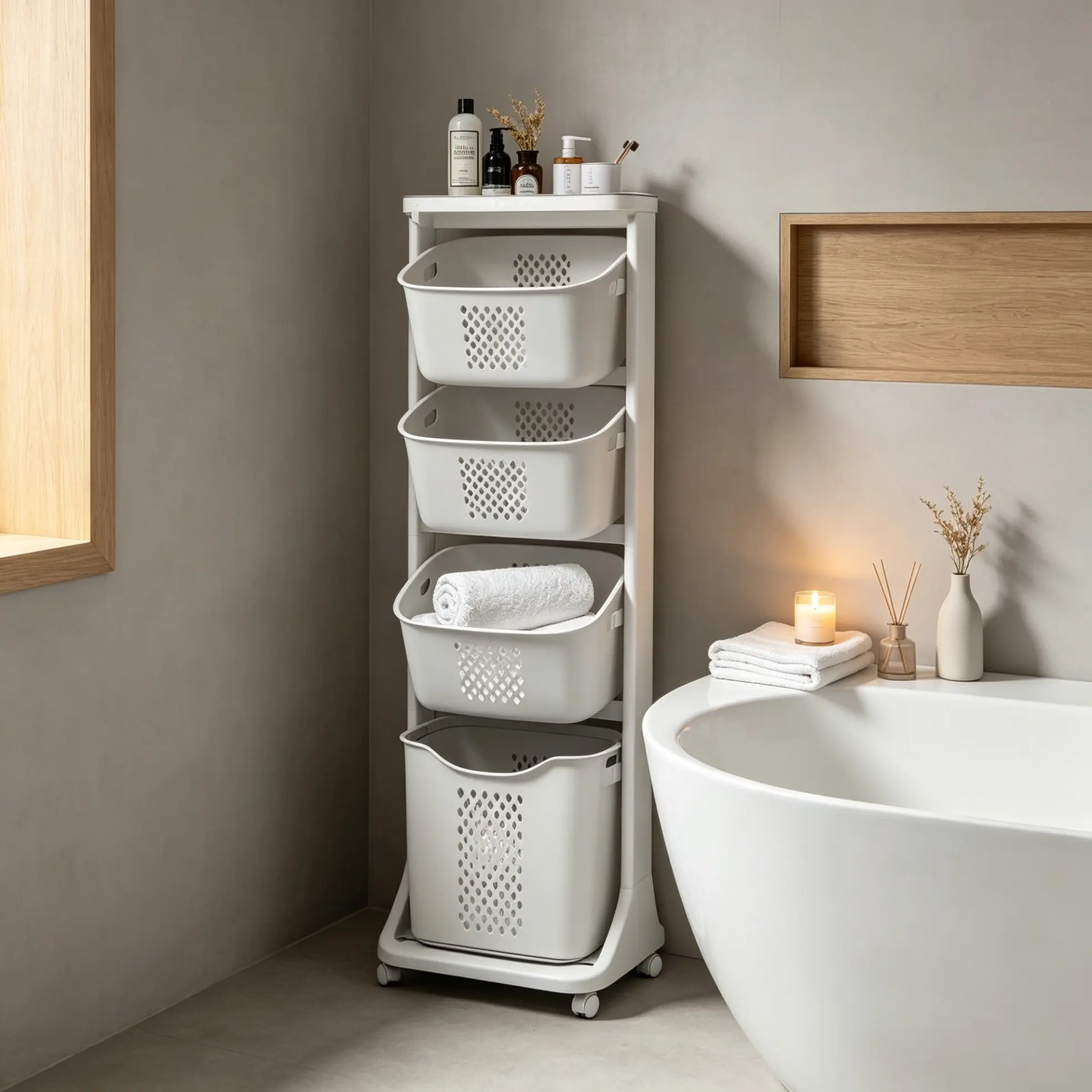 4-Tier Modern Rolling Laundry Hamper Sorter Cart - Indoor Bathroom Furniture with Wheels, Removable Baskets for Dirty Clothes Organization
