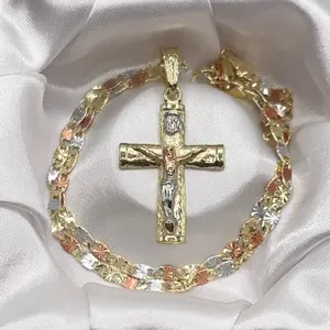 Beautiful 3 Color Cross Necklace - Gold Design with Tri-Color Accents and Intricate Cross Pendant