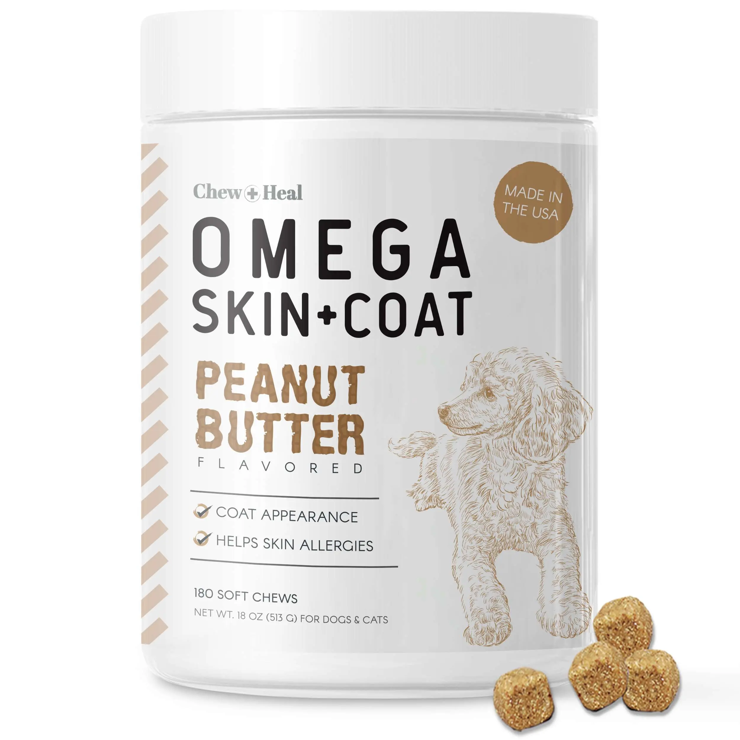 Chew + Heal Omega Skin + Coat Dog Supplement Soft Chews - 180 Count