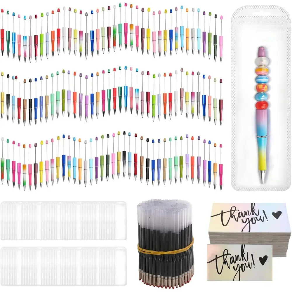 600 Pcs Plastic Beadable Pens Bulk Beadable Pens Kit 120 Ballpoint Pen Black Ink Beaded Pens with 240 Refills 120 Pen Packaging Bags 120 Thank You Cards for School DIY Making Office Supplies