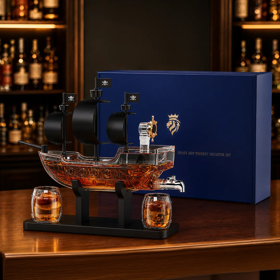 Pirate Ship Whiskey Decanter Set with Luxury Gift Box,Man Cave Bar Accessories,2 Matching Bottles,Present for Men,Dad,Husband,Boyfriend,Home Decor,Home Bar Dispenser,Funny Gifts for Anniversary,Sailor&Captain Enthusiasts,Empty Decanter,No Alcohol Included