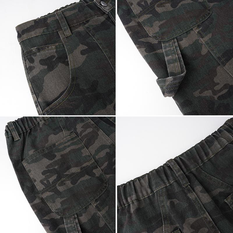Men’s camouflage washed denim shorts, American retro design deconstructed workwear shorts, mid-length shorts—fashionable casual men’s everyday wear, street style.