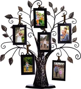 Family Tree Picture Frame Stand with 6 Hanging Photo Picture Frames - Medium Metal Tree 12 X 11 - Holds 6 Ornamental 2x3 Frames