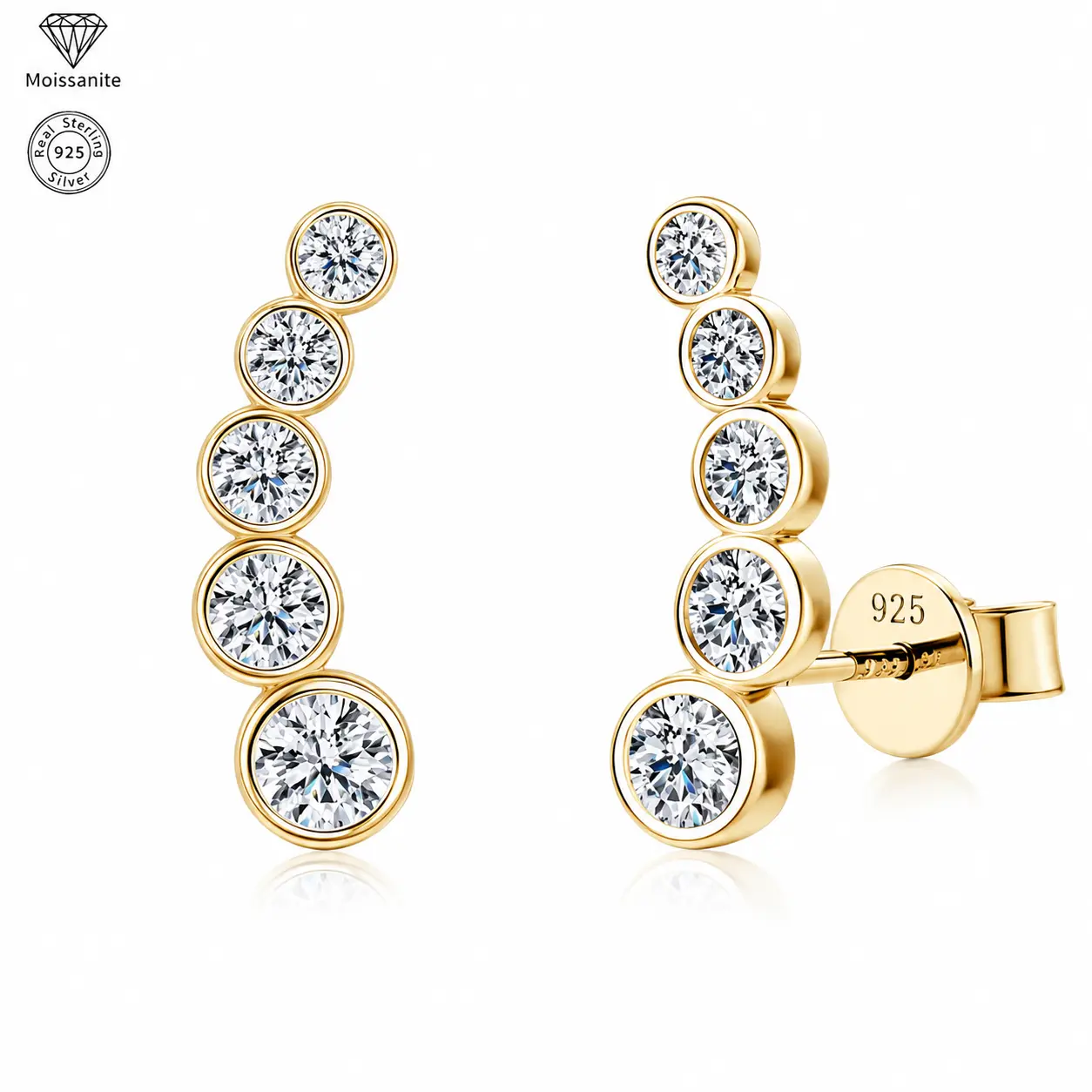 Moissanite Climber Stud Earrings for Women, 925 Sterling Silver, Elegant Ear Climber Earrings, Hypoallergenic Fine Jewelry