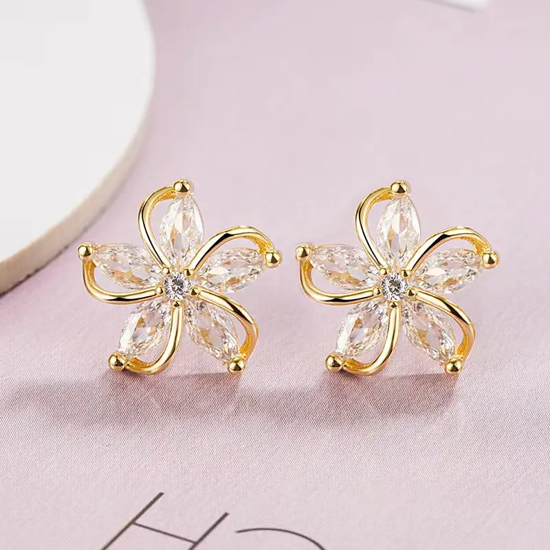 Flower Stud Earrings for Women, Elegant Marquise Cut Cubic Zirconia Petals in Sterling Silver, Lightweight Feminine Aesthetic Jewelry for Mother's Day, Ear Studs, Thanksgiving, Mothers Day, Cz Stud Earrings
