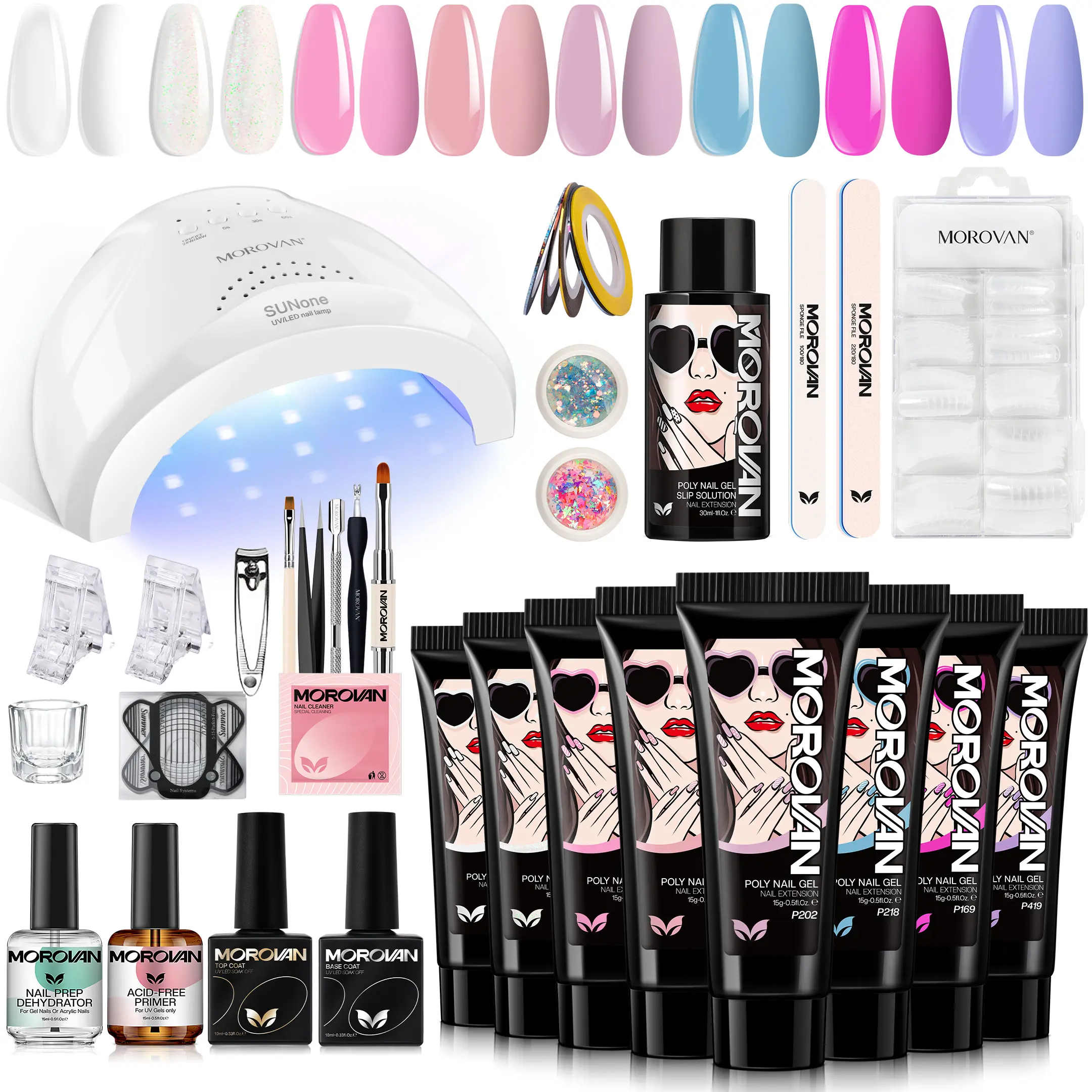 MOROVAN Poly Gel Nail Kit with UV Lamp 48W,  Builder Gel, Beginner-Friendly All-in-One Nail Extension Set, Easy DIY Salon Nails at Home Dip Manicure Kit