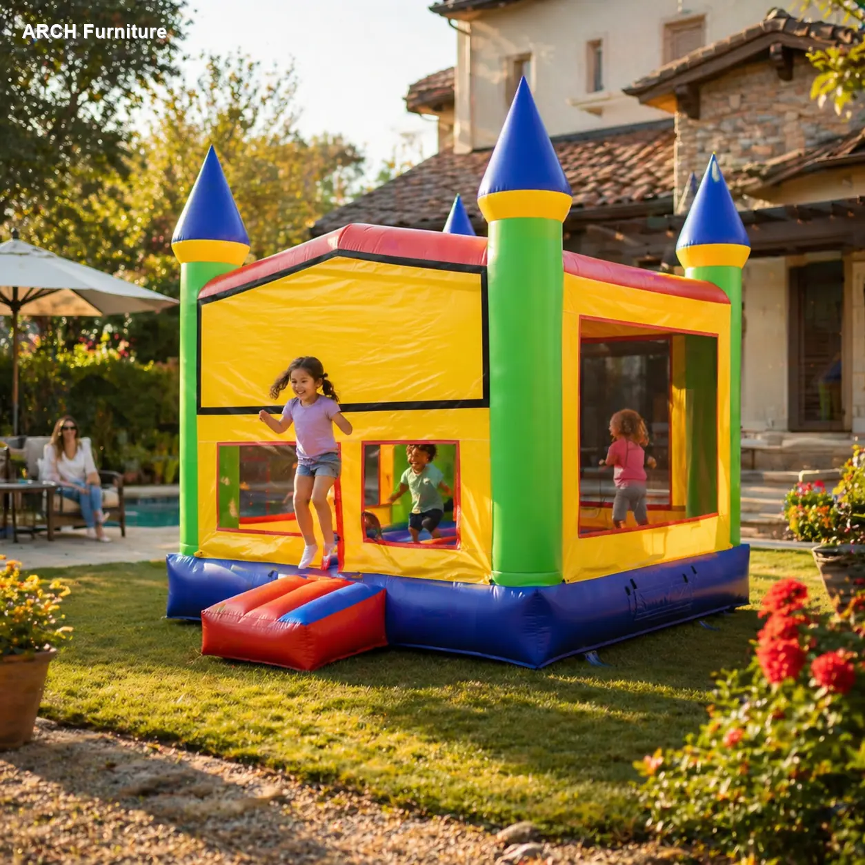 13FT x 13FT Royal Castle Inflatable Bouncy Castle with Blower, PVC Fabric Kids Outdoor Play Equipment, Quick-Set Design, Safety Mesh Walls, Multi Purpose Inflatable