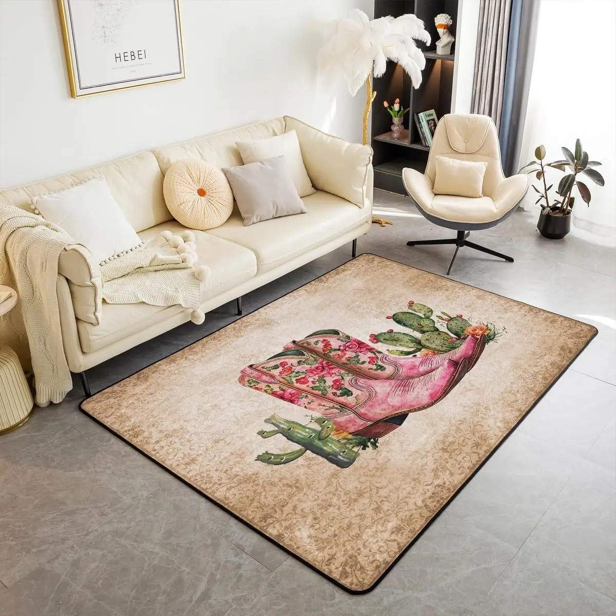 Pink Cowgirl Boots Area Rug 3x5 Western Aztec Living Room Rugs for Bedroom Decor Cactus Wild Cowboy Vintage Rustic Boho Decor Carpet Indoor Floor Mat Room Decor