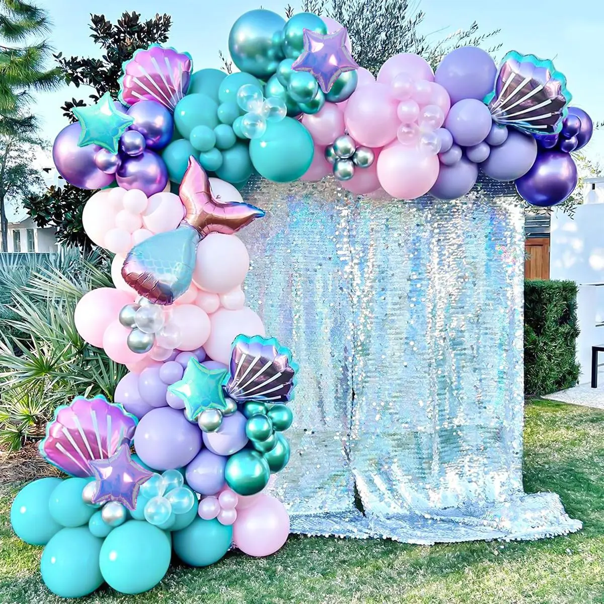 134pcs Mermaid Birthday Party Decor Set, Blue Balloons, Wreaths, Arches, Shell Balloons, Tail, Perfect for Mermaid Theme Parties