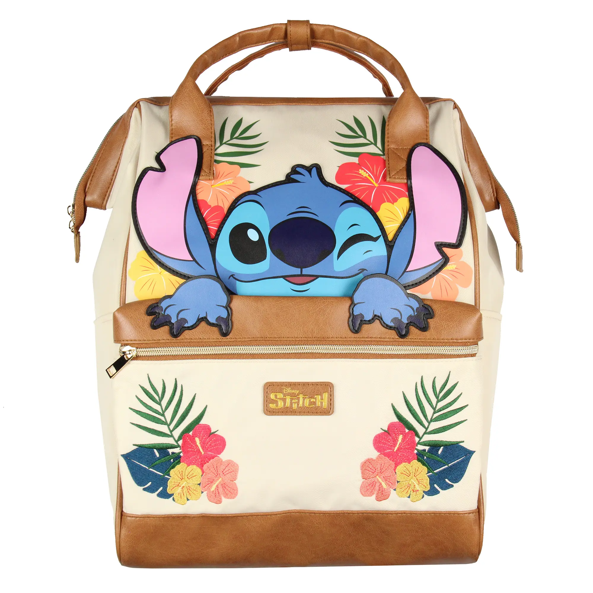 Disney Lilo And Stitch 3D Character Embroidered Floral Faux Leather Backpack, Travel Tote Bag with Travel Organizer Functionality