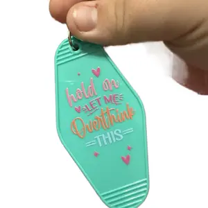 Teal Motel Keychain - Hold On Let Me Overthink This Design with Heart Symbols and Text