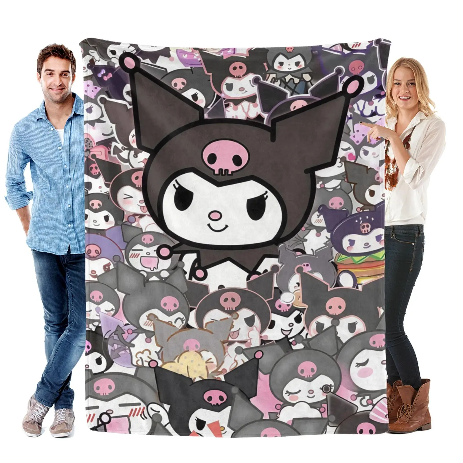 Sanrio Kuromi Sticker Collage Blanket, Soft Fleece Throw Blanket, Doodle Print For Bed Sofa, Gifts For Sanrio Kawaii Teen Collectors