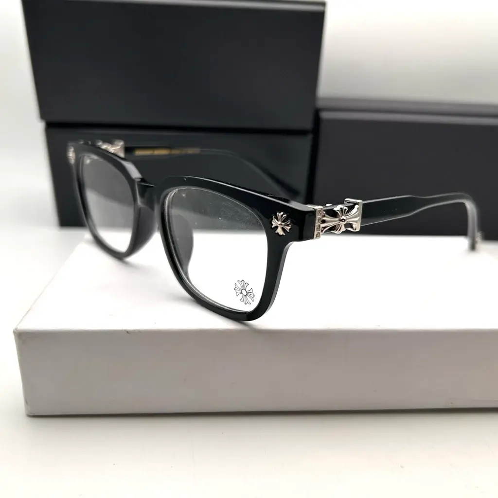 Chrome Hearts Luxury Square Optical Glasses Black Acetate Frame Gold Cross Temple Eyewear