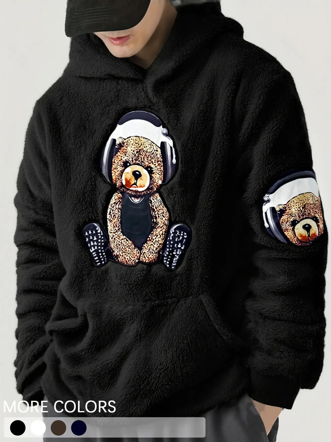Men's Cartoon Bear Embroidery Pocket Soft Fuzzy Hoodie, Graphic Hoodies, Fitted Casual Long Sleeve Hooded Sweatshirt for Fall & Winter, Men's Clothes for Daily Wear