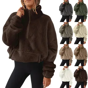 Women’s Half Zip Fuzzy Sherpa Pullover Oversized Crop Sweatshirt Long Sleeve Warm Fleece Top Casual Breathable Varsity Jacket Style