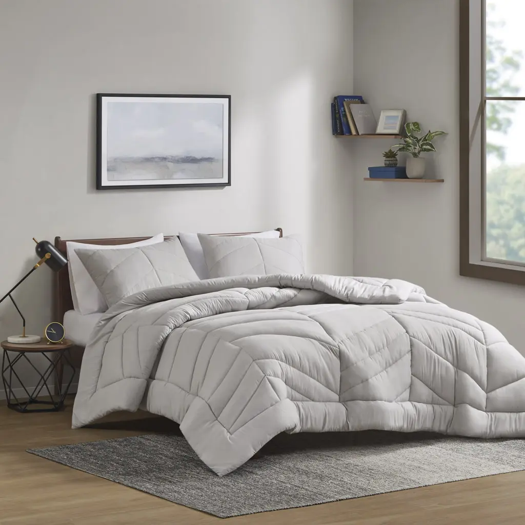 Intelligent Design ID10-2298 Modern Remy Quilted Chevron Microfibre Comforter Set, Gray, 68x90x1 in, Twin-Twin Extra Large, Machine Wash, Steam Iron Only - Bedding Set Collection