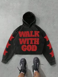Vintage "Walk With God" Boxy Cropped Hoodie - Red Star Graphic Print Long Sleeve Streetwear Fashion Pullover, Retro Christian Aesthetic Casual Sweatshirt for Men & Women, Urban Faith-Based Outfit
