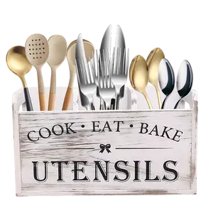 【FathersDayGift】Rustic Wooden Utensil Holder for Kitchen Counter, Farmhouse Kitchen Organizer Box with 3 Compartments, Large Wood Cutlery & Cooking Utensil Storage Caddy