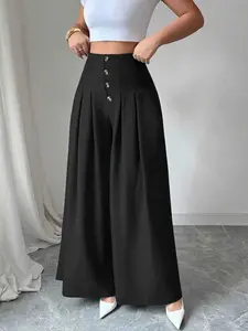 Women's Fashion Wide Leg Solid Pants with Front Buckle, Stylish Casual Trousers for Daily Wear, Comfortable and Trendy Design, Bottom, Womenswear