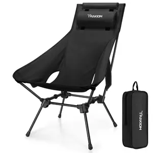 Trakiom High Back Folding Camping Chair, Widened Seat & Lightweight Black Portable Chair with Stable Design, Adjustable Head Support for Beach, Camping, Festival, Hiking and Outdoor Travel