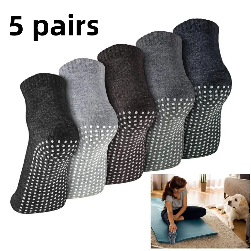 Unisex Cotton Fiber Athletic Grip Socks (5 Pairs) - Adults' Soft Dotted Sole Non-Slip Cushioned Socks for Home Yoga, Martial Arts, Beauty & Personal Care Use with Better Control Body Movement, Cushioned Training Socks, Secure