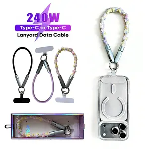 Cute Pink Plush Phone Lanyard with 240W USB-C Fast Charging Cable 2-in-1 Crossbody Strap Aesthetic Skin-Friendly Soft Charging Cord Anti-Lost Universal for iPhone 15 16 17& Android