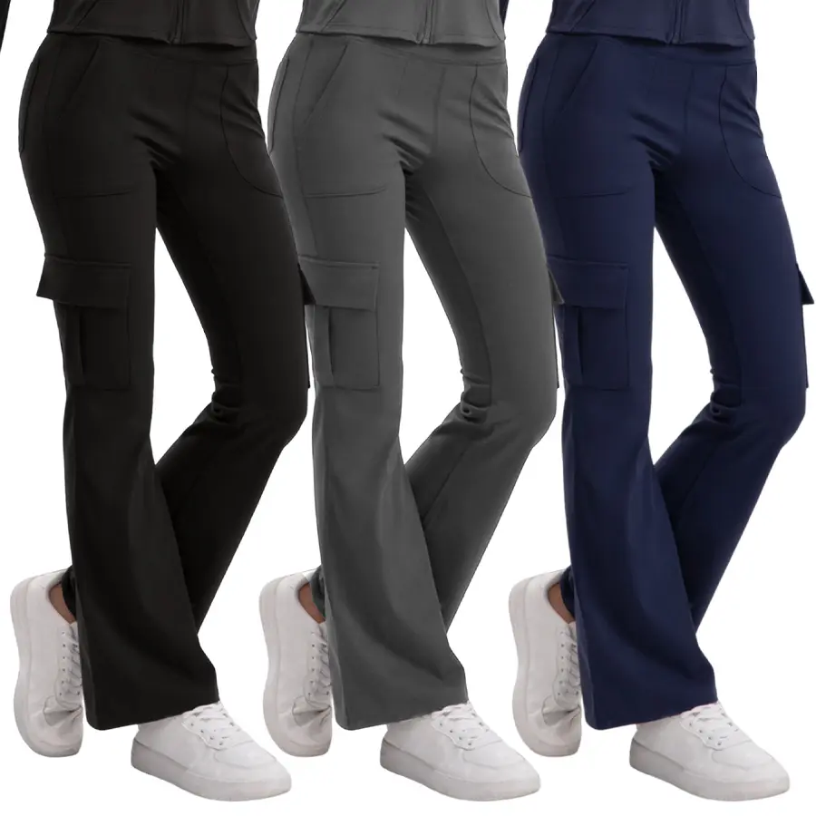 3 Pack High Waist Cargo Flare Yoga Pants for Women, Stretch Bootcut Workout Leggings with Multi Side Pockets, Soft Opaque Casual Athletic Trousers