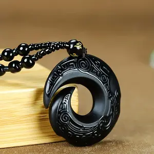 Natural Black Obsidian Pendant Necklace - Unisex Spiritual Protection Stone Charm, Elegant Minimalist Jewelry for Men & Women, Healing Crystal Gift for Birthday & Anniversary tarnish proof name cross whimsical Versatile Heart Gradient Diamond Bead Rosary