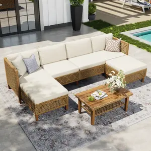 Phivilla Boho Wicker Patio Furniture Sofa Set, 3/5 Seaters, Outdoor Rattan Sectional Sets Conversation Set - Weather-Resistant, with Dual Storage Coffee Table Acacia Wood Legs for Garden, Patio & Deck,SummerVibes