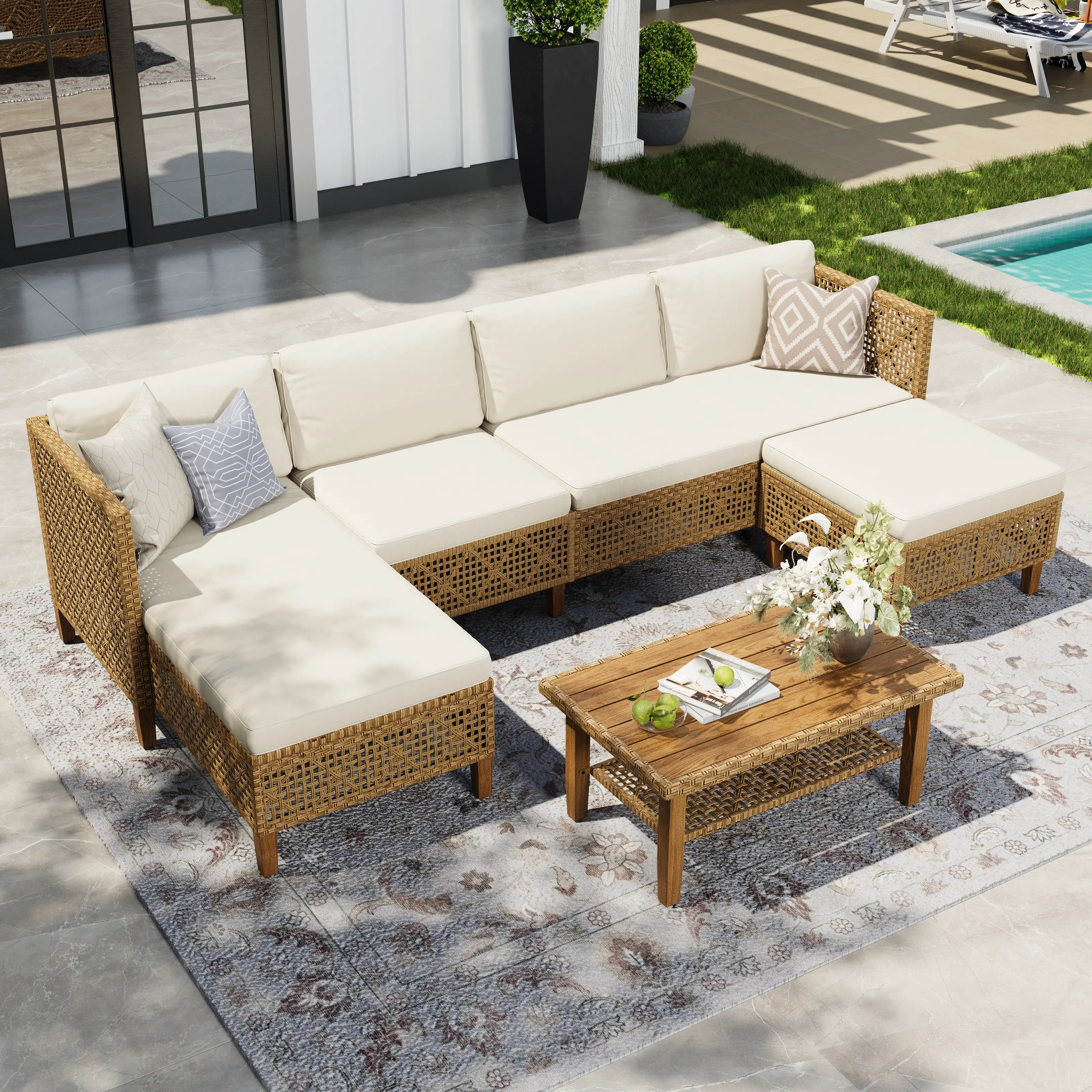 PHIVILLA Boho Wicker Patio Furniture Sofa Set, 3/5 Seaters, Outdoor Rattan Sectional Conversation Sofa Set - Weather-Resistant, with Dual Storage Coffee Table Acacia Wood Legs for Garden, Patio & Deck, Home Decor, tiktokshopstockup