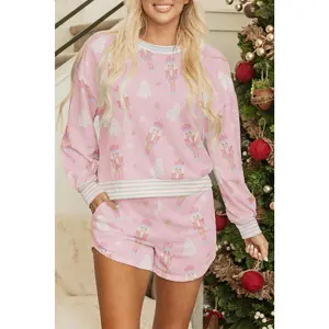Pink Christmas Nutcracker Contrast Striped Long Sleeve Top and Shorts Set