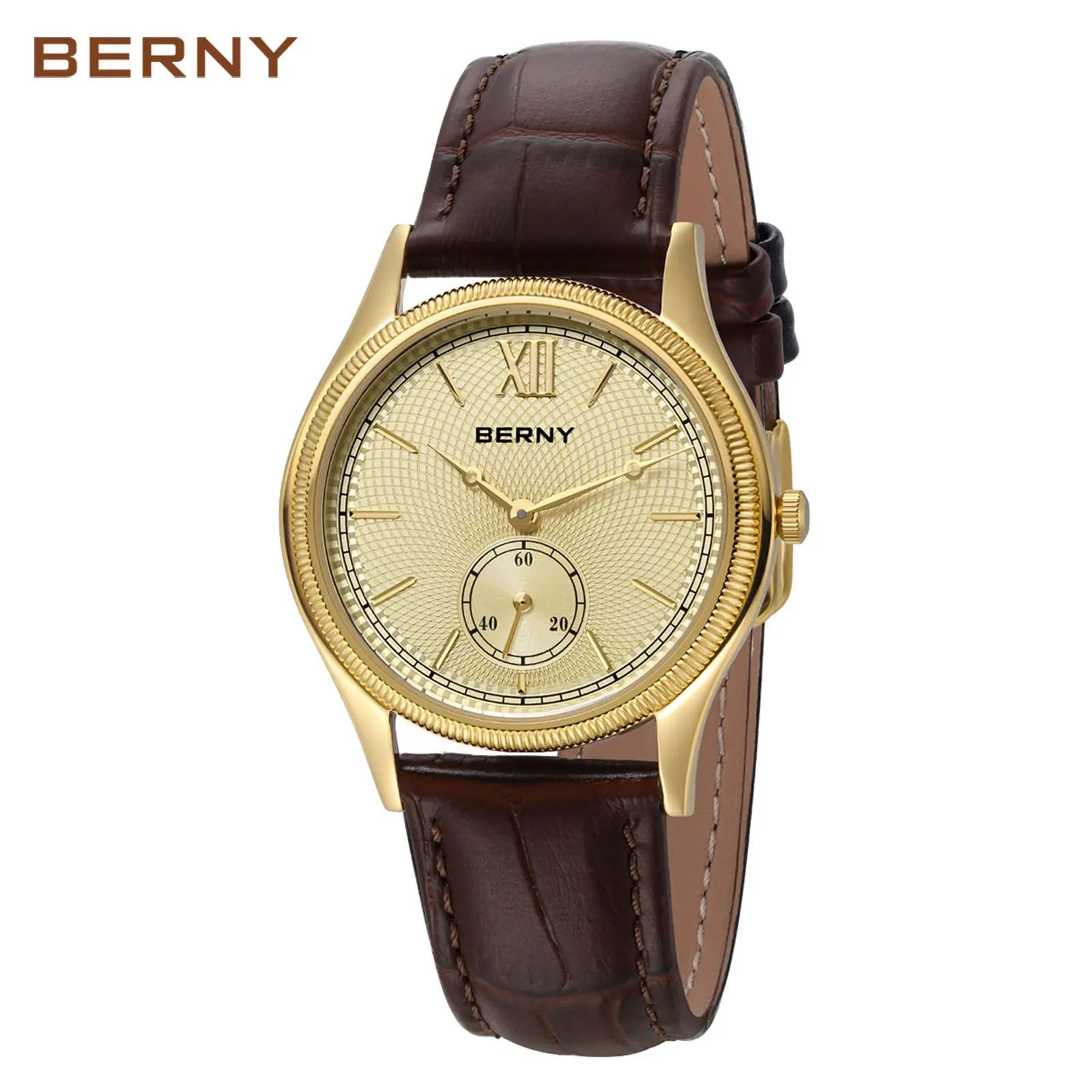 BERNY Gold Watch for Men, Retro Unisex Analog Quartz Watches, Vintage-Style Couple Watch, Waterproof Wristwatch, Classic Roman Numeral Markers, Stainless Steel Case, Genuine Leather Strap, Elegant Birthday Gift, Relojes Para Hombres, Father's Day, Summer