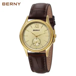 BERNY Gold Watch for Men, Retro Unisex Analog Quartz Watches, Vintage-Style Couple Watch, Waterproof Wristwatch, Classic Roman Numeral Markers, Stainless Steel Case, Genuine Leather Strap, Elegant Birthday Gift, Relojes Para Hombres, Father's Day, Summer
